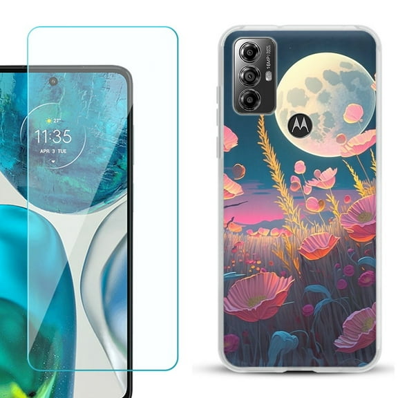 OneToughShield ® for Motorola Moto G Play 2023 Shockproof Fashion Phone Case, with Tempered Glass Screen Protector - Moon Poppies