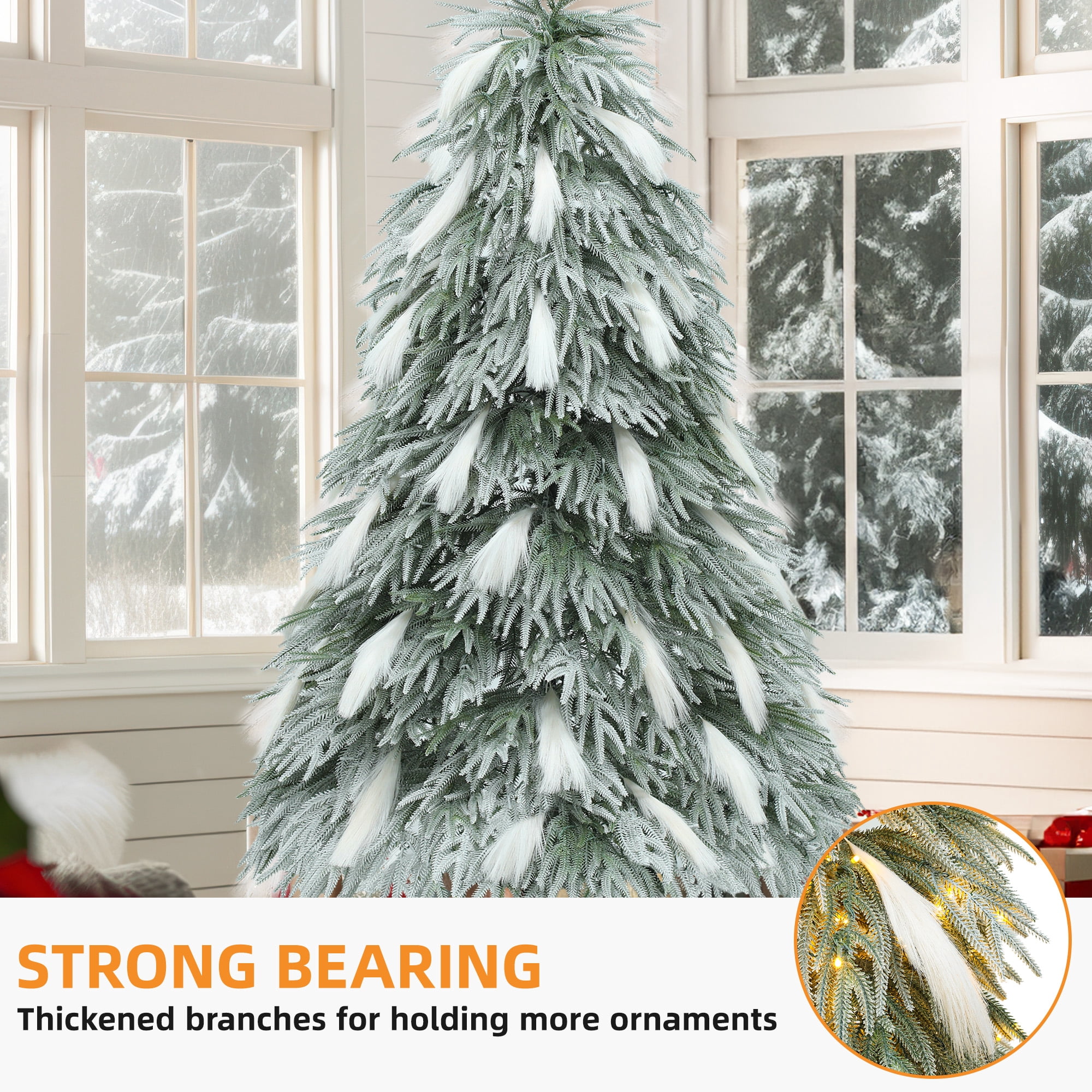 Uforic 7.5ft Pre-Lit Flocked Drooping Pampas Christmas Tree with 558 Branch Tips and 600 Lights