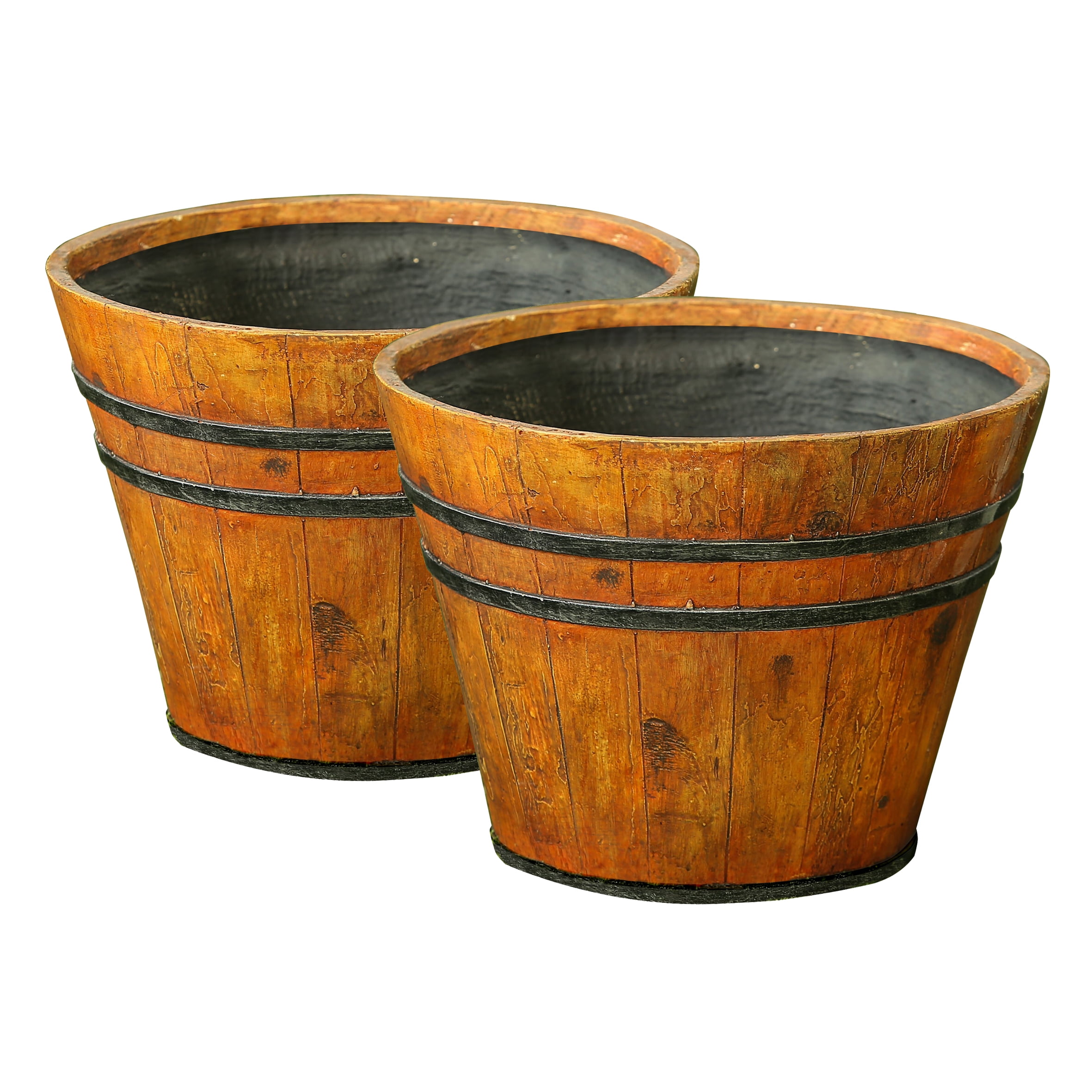 Set of 2 Wood Finish Barrel Planters by Winsome House