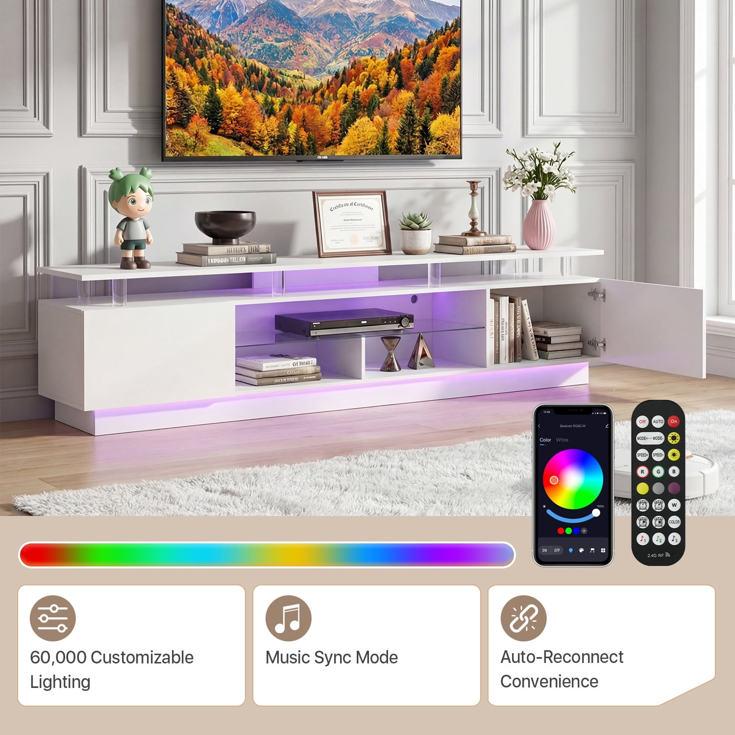 BaPiPro 80" LED Modern TV Stand for TVs up to 90", Entertainment Center TV Console with Music Sync LED for Living Room, White