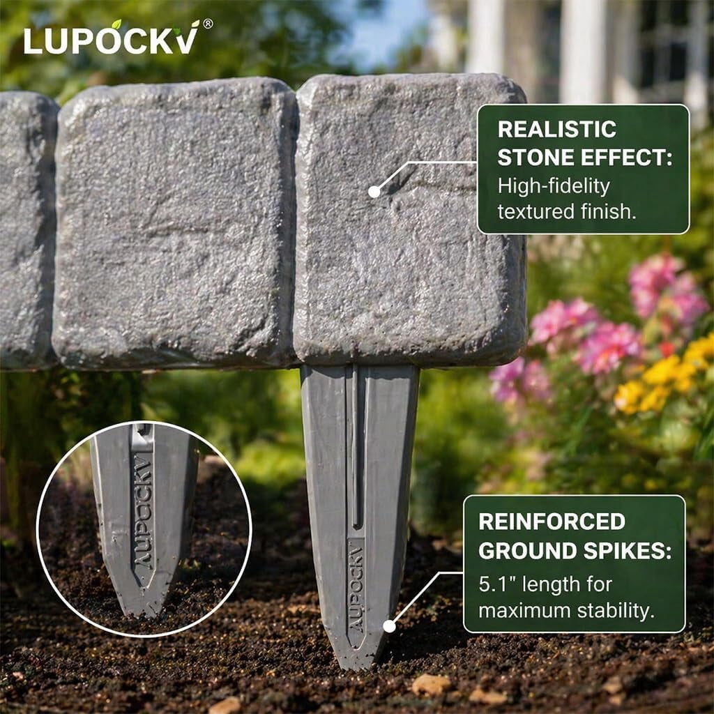 Imitation Stone Garden Fence Plastic Retaining Edging Border Grey Cobbled Effect Landscape Decor Interlocking Decorative Panels Flower Bed Path Lawn Outdoor Picket Yard Grass Edge(Black,20pcs)
