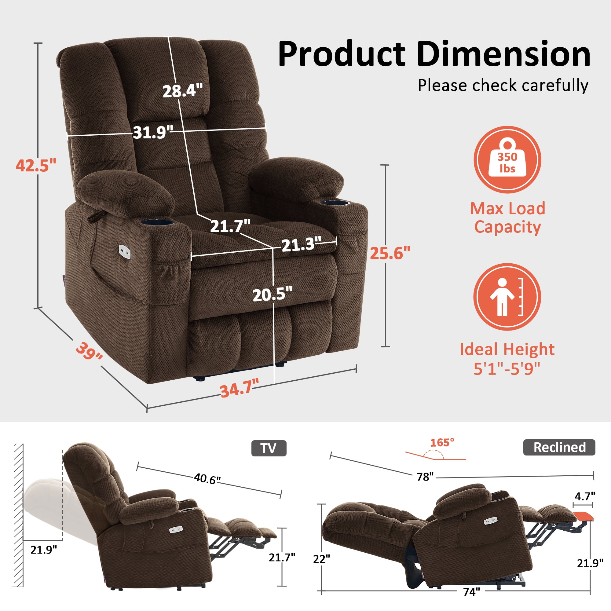MCombo Triple Motor Power Lift Recliner for Elderly, Sleep Recliner Sofa with Adjustable Headrest, Fabric, Coffee