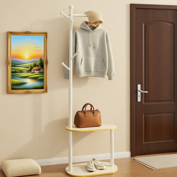 Buric Coat Rack, Freestanding Clothes Rack with Hooks, Double Bottom Storage Layer, Suitable for Hanging Clothes, Handbags, Scarves (White)