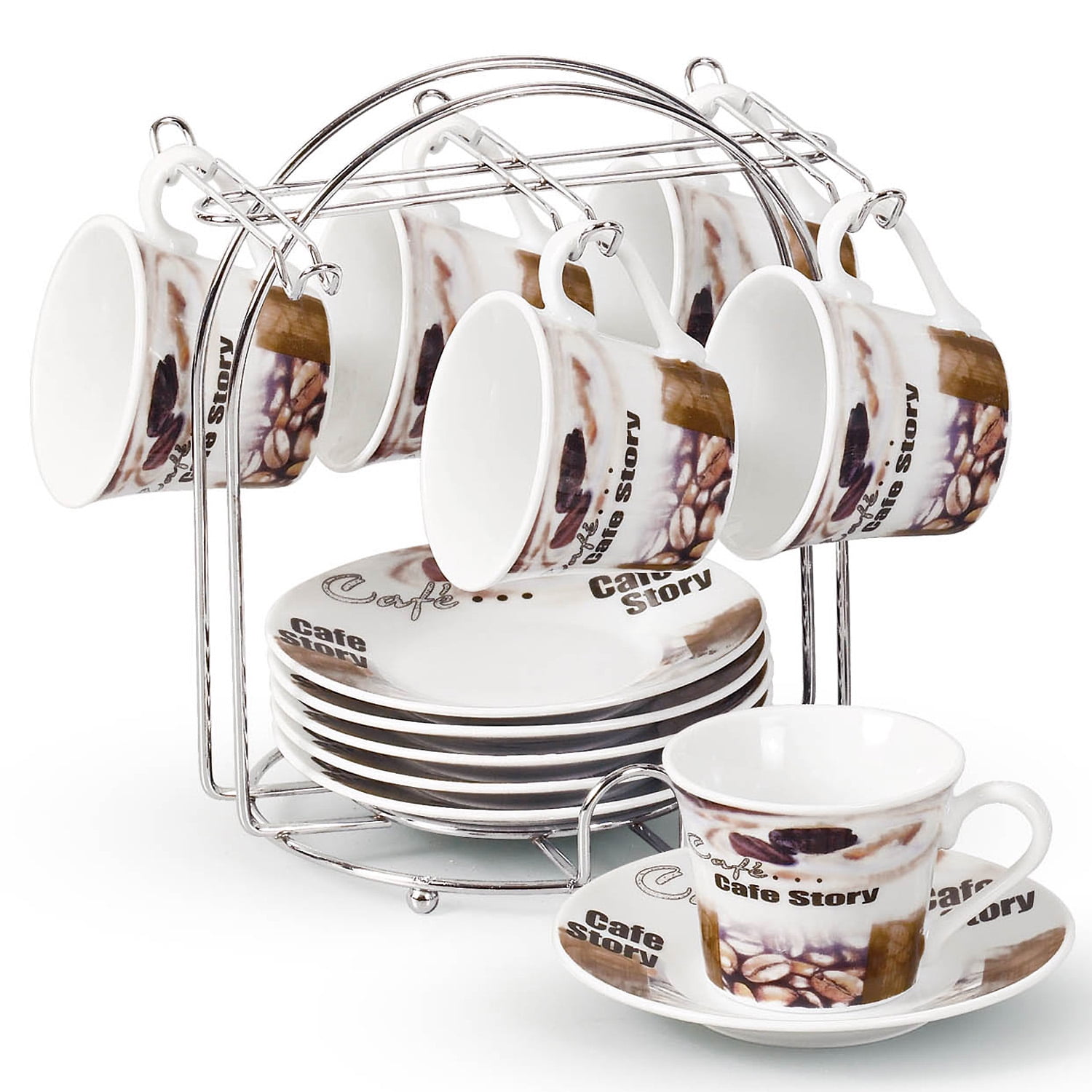 Set of 6 Porcelain Espresso Cups and Saucers Set with Metal Stand - 2oz,  White