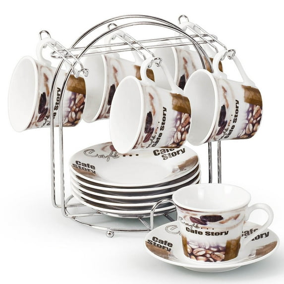 Set of 6 Porcelain Espresso Cups and Saucers Set with Metal Stand - 2oz, White