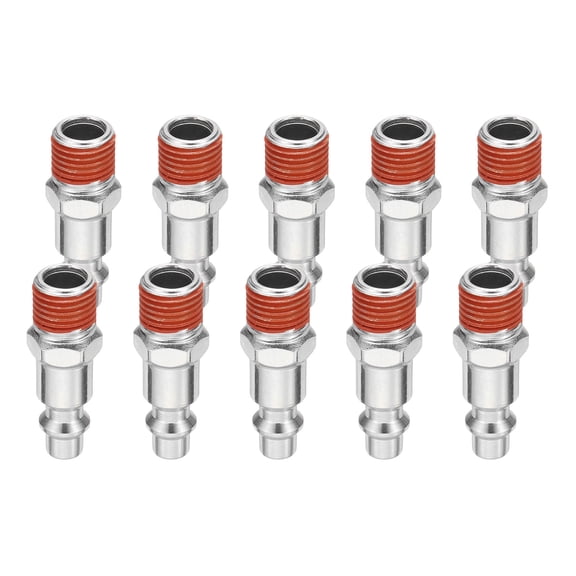 10pcs Industrial Air Plug 1/4" NPT Male M Style Pneumatic Plugs High Flow Quick Connect Air Fittings, Silver/Red