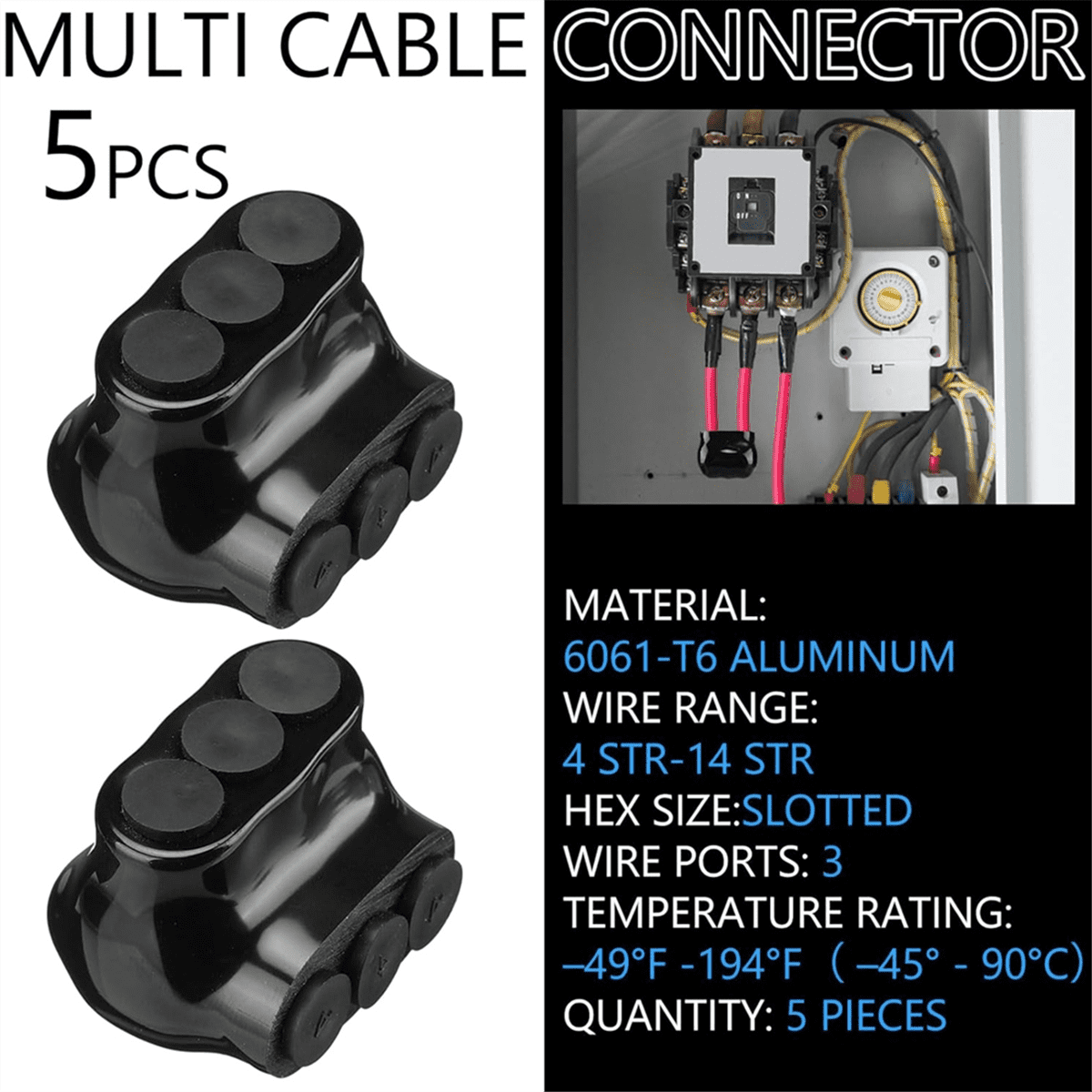 5 Pcs Black Insulated Multi Cable Connector, 3 Ports Electric Wire Connectors and Soldering Lugs,Cable Splicers 14-4AWG