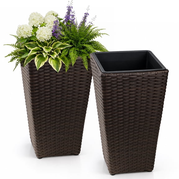 SOLHOME 11" x 11" x 19.7"H Tapered Square Espresso Resin Wicker Planter, 2 Count
