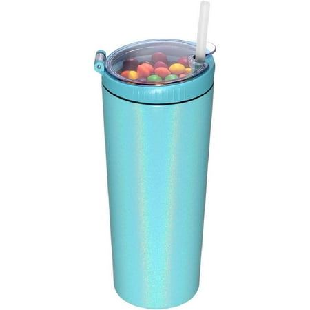 

Snack tumbler with lid and straw stainless steel insulated 2-in-1 travel coffee mug water bottle with snack cup (Glitter Aqua 22 OZ)