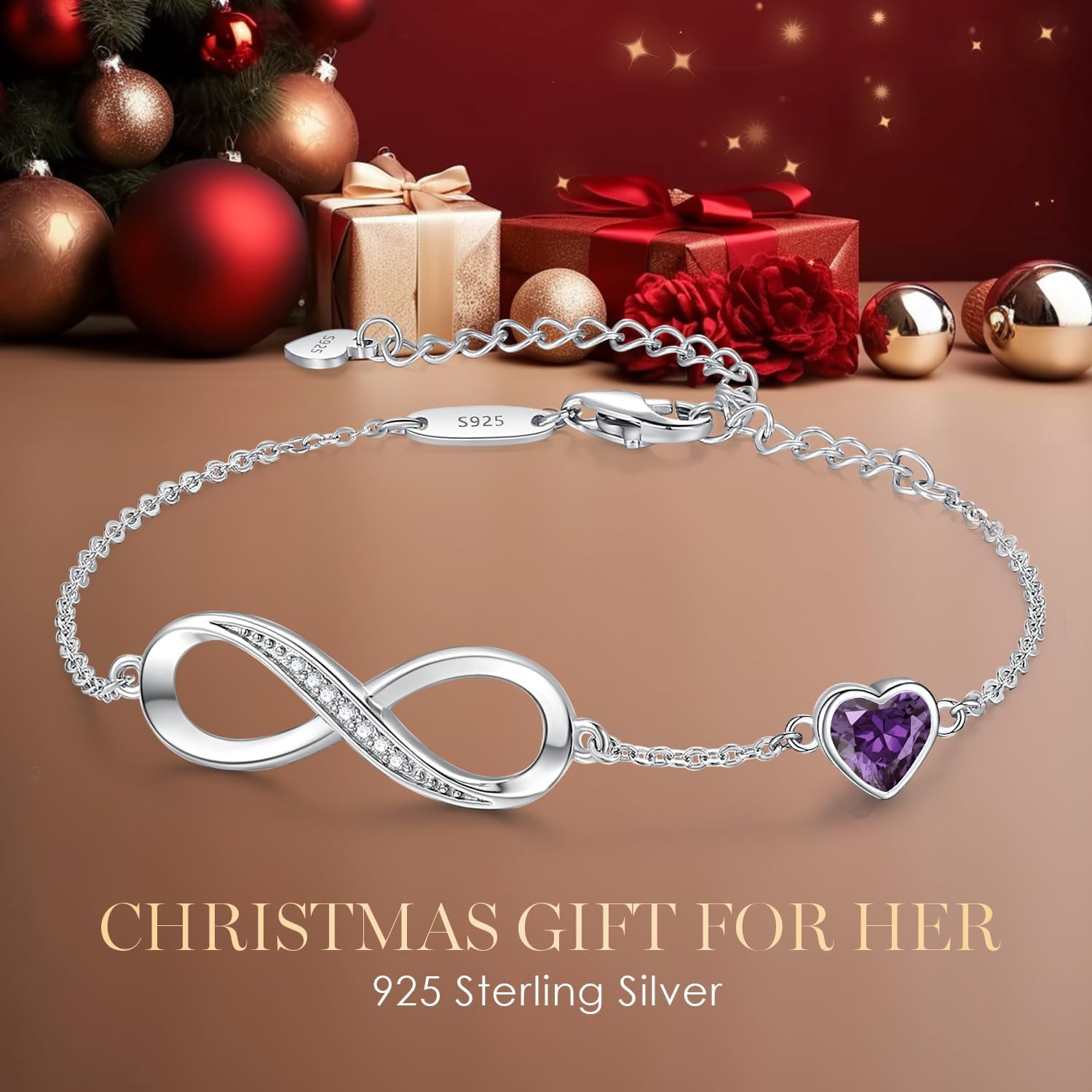Leander Infinity Heart Birthstone Charm Link Bracelet for Women 925 Sterling Silver Adjustable Mother's Day Gift Anniversary Birthday Jewelry for Wife Girlfriend Her