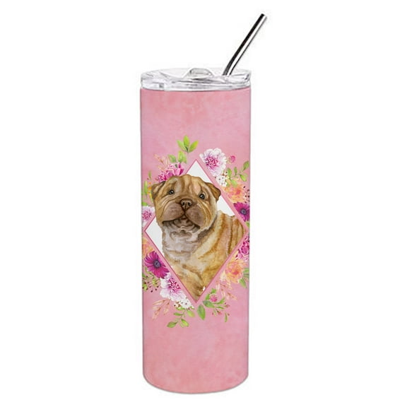 Carolines Treasures CK4181TBL20 Shar Pei Pink Flowers Stainless Steel 20 oz Skinny Tumbler 20 oz multicolor