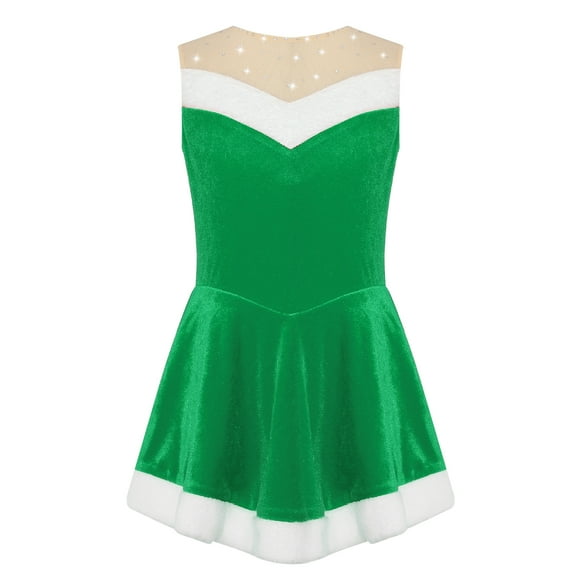 TTAO Girls Christmas Dress Santa Claus Velvet Dress Sequin Ballet Leotard Sleeveless Tutu Dress for Kids Green 16