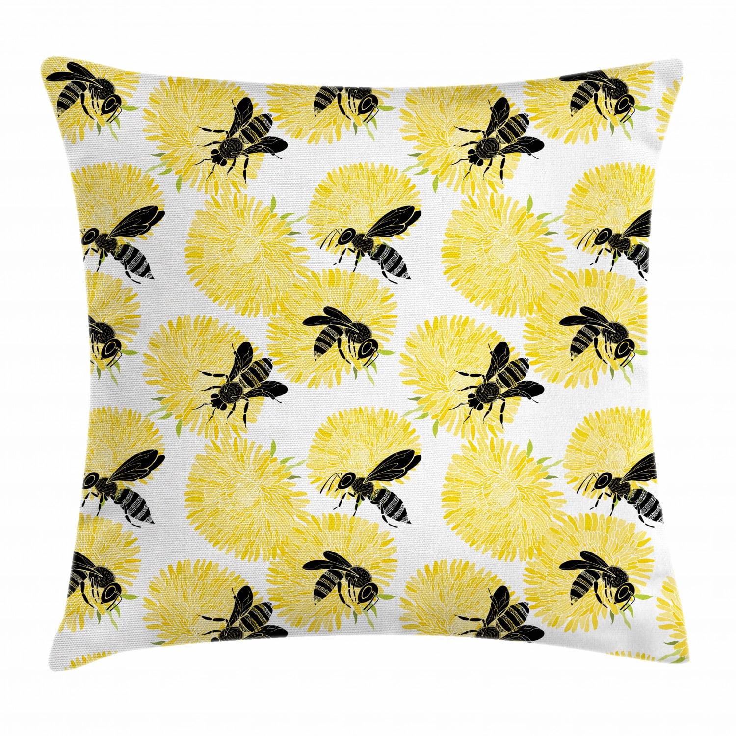 Bee Throw Pillow Cushion Cover, Bees and Dandelion Flowers in Nature