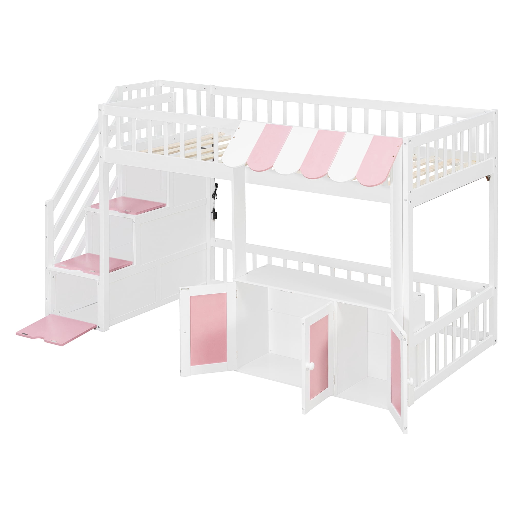 Mintazer Twin Size Loft Bed with Play Storefront & LED Lights, Kids Loft Bed with Guardrail and Storage Staircase & Cabinet for Bedroom, White & Pink