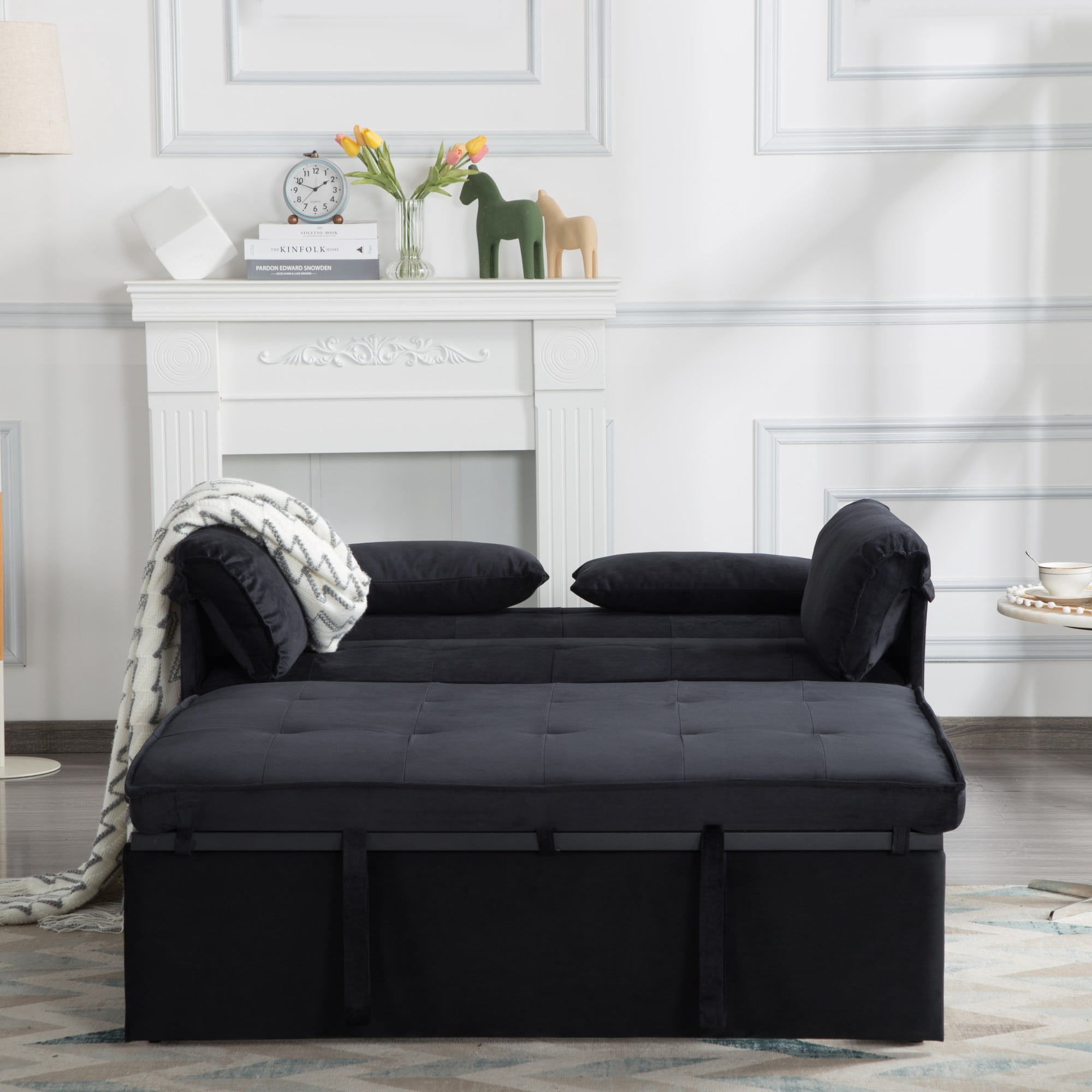 BSHTI 46" Velvet Pull-Out Sleeper Sofa Bed with Adjustable Back, 2 Pillows, Metal Frame for Living Room/Bedroom（Black）