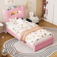 thumbnail image 4 of Upholstered Twin Bed Frame with Headboard, 2-Tier Storage, Charging Station & Drawer, Metal Platform, No Box Spring Needed, Pink, 4 of 9