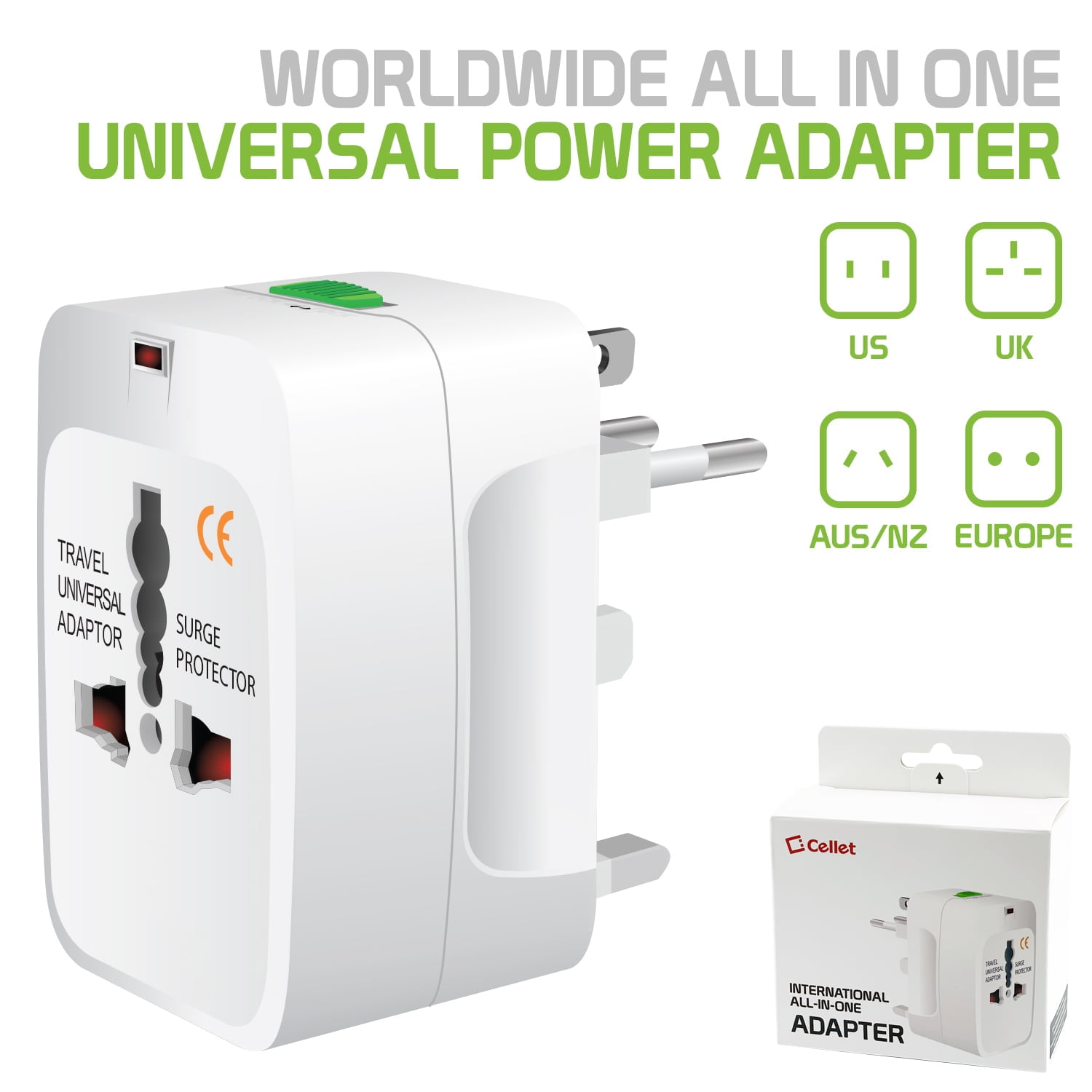 Cellet Portable Worldwide Universal Power Adapter All in One International Out of Country Travel Wall Charger Plug, White