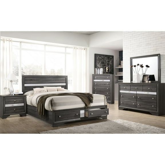 5pc Bedroom In Gray Wood - Full Bed With Streamlined Storage, 7 Dresser, Mirror, 5 Chest, 2 Nightstand Traditional Dresser & Elegant Mirror