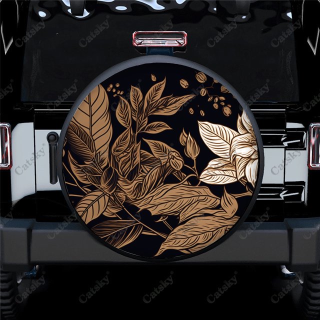 Subtle Gold Line Flowers Pattern Polyester Universal Spare Wheel Tire Cover Wheel Covers for Trailer RV SUV Truck Camper
