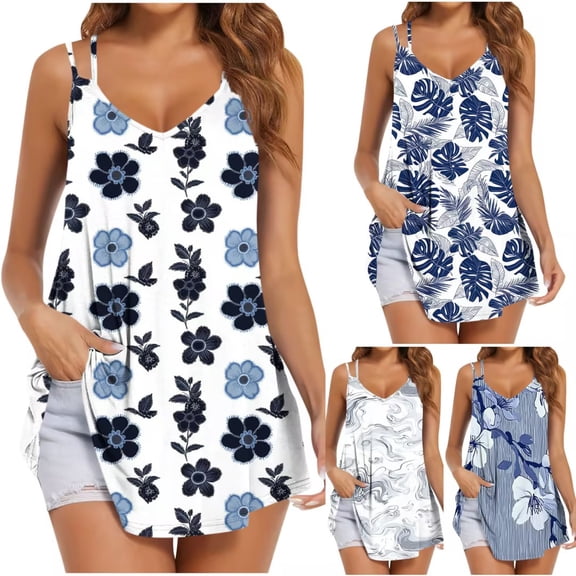 Taqqpue Women's Plus Size Tank Tops Sleeveless Cotton Flowy Floral Print V Neck Blouses Shirts Spaghetti Strap Summer Tops Casual Loose Fit Beach Vacation Tunic T Shirt for Women S-XXL