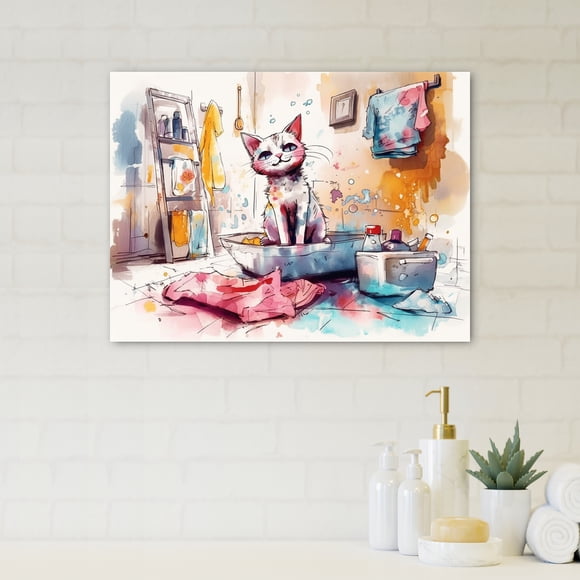 Designart Cat Bathroom Wall art decor, Cat Bathroom wll art, Cat s Colorful Bathroom Adventure , White Modern Canvas wall art, 32x16 inches