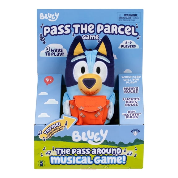 Bluey Pass the Parcel Musical Game, Soft Huggable 8" Bluey Plush, Three Interactive Games to Play, Includes Hot "Botato", Ages 3