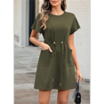 thumbnail image 4 of Women Spring Summer Dresses 2025 Casual Round Neck Ruffle Short Sleeve Flowy A Line Mini Dress with Pockets Moss Green S, 4 of 8