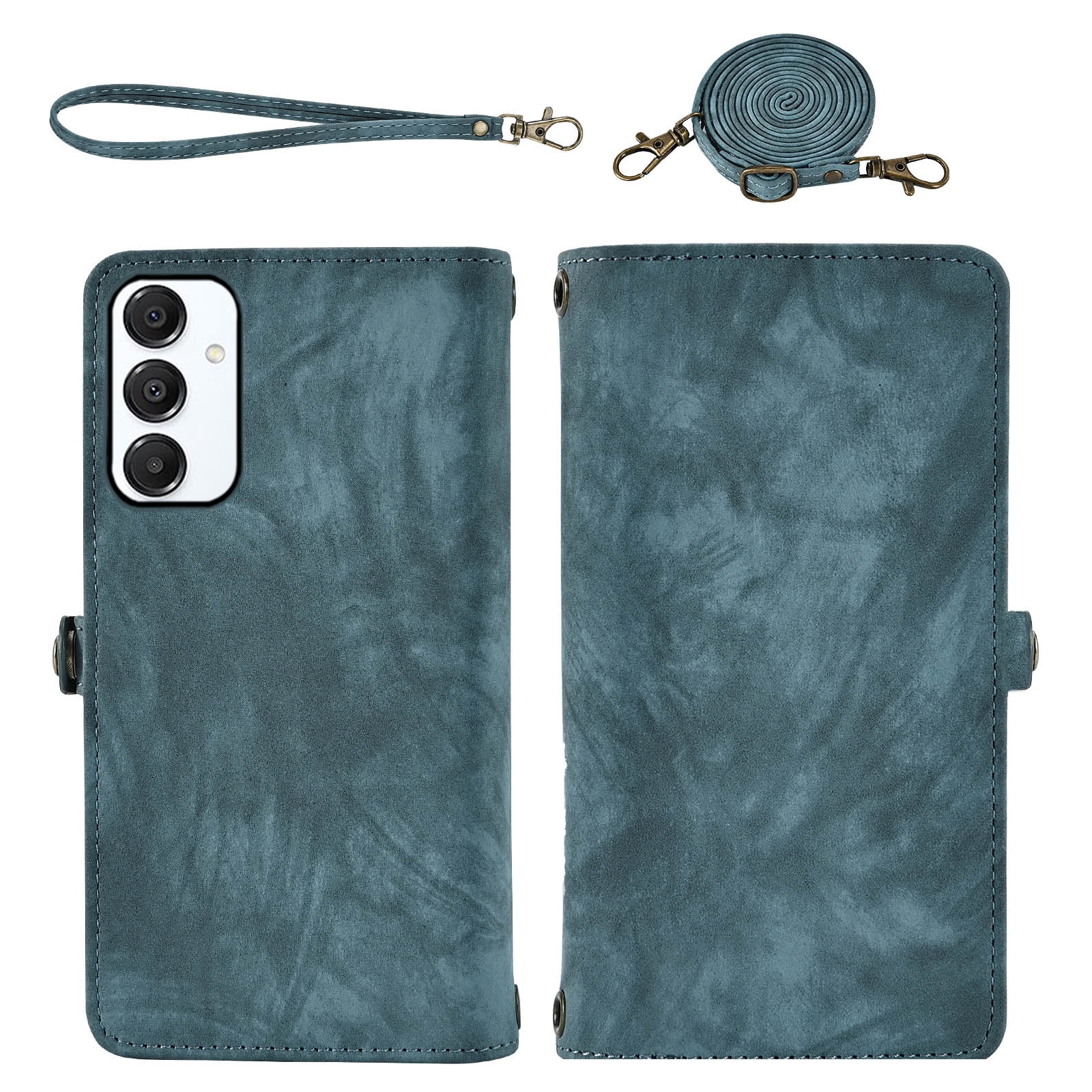 Asuwish Phone Case for Samsung Galaxy A16 5G/4G Zipper Wallet Detachable Cell Cover with Tempered Glass Screen Protector Crossbody Lanyard Strap Flip Card Holder A 16 16A SM-A166U Women Girls Blue