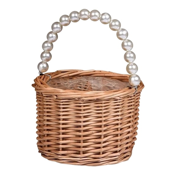 Wicker Rattan Flower Basket, Small Basket with Pearl Handle, Wedding Decor Basket, Home Decorative Basket, Rustic Storage Basket for Wedding & Home Decor, Flower Arrangements, Gift Giving