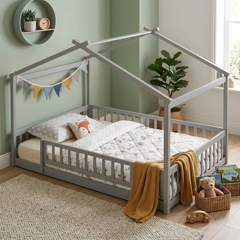 Full Size Wood House Bed with Fence and Roof Frame, Kids Floor Montessori Bed with Safety Guardrails, Sturdy Pinewood Playhouse Bed for Boys Girls