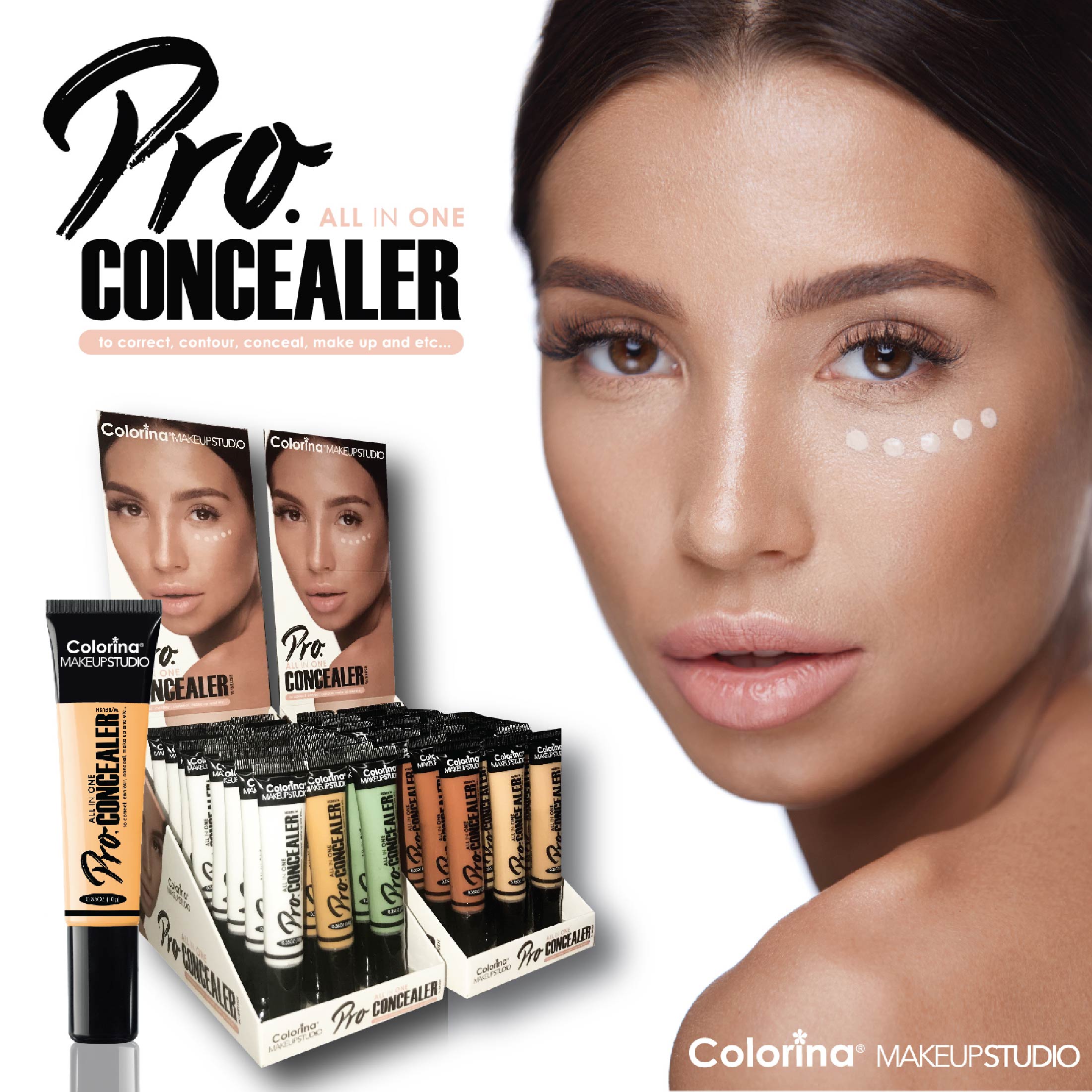 Colorina Makeup Studio All in One Pro Concealer with Brush Dark Brown Concealer Makeup 0.35 oz