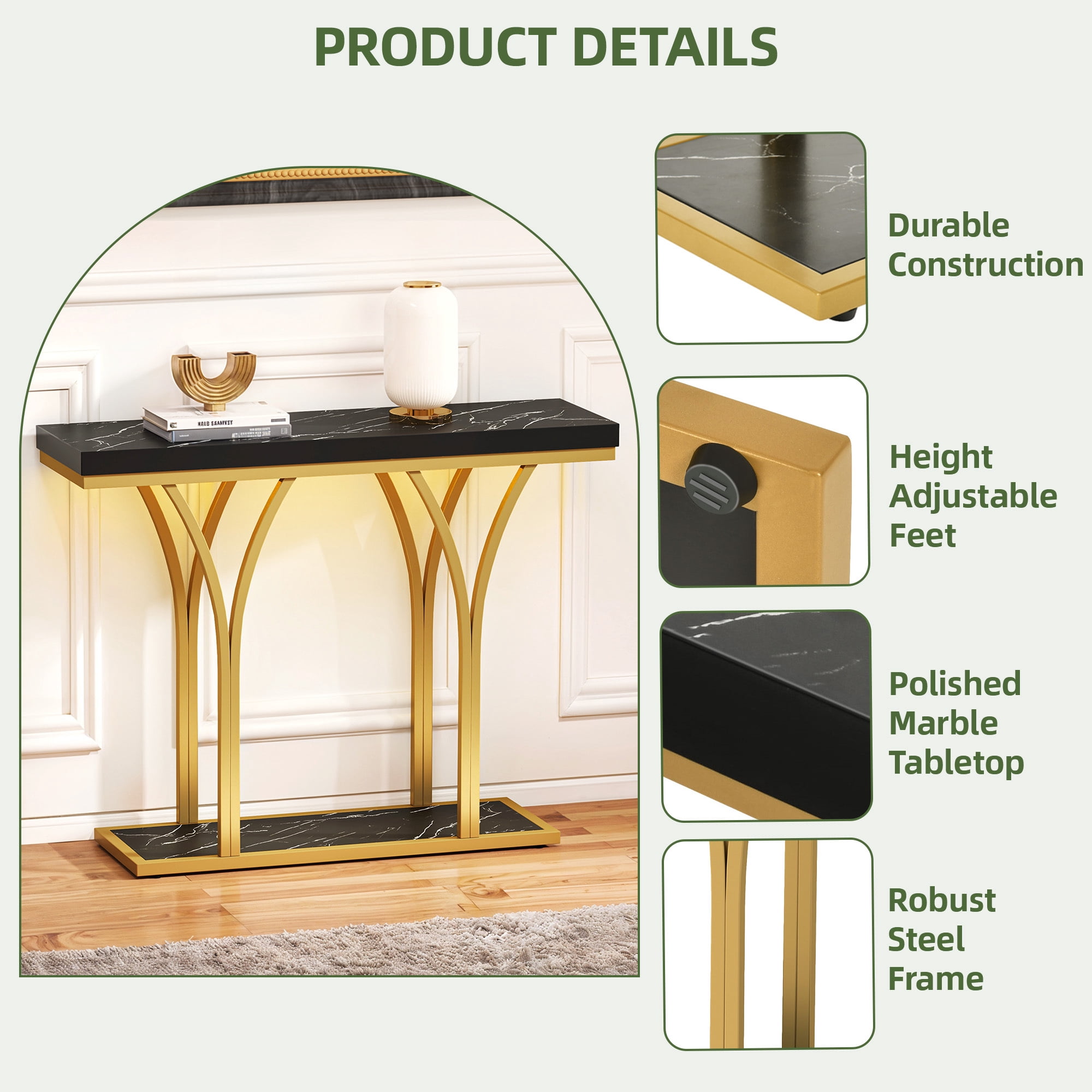 Uforic Modern Console Table with LED Lights, Faux Marble Entryway Side Table, Gold & Black