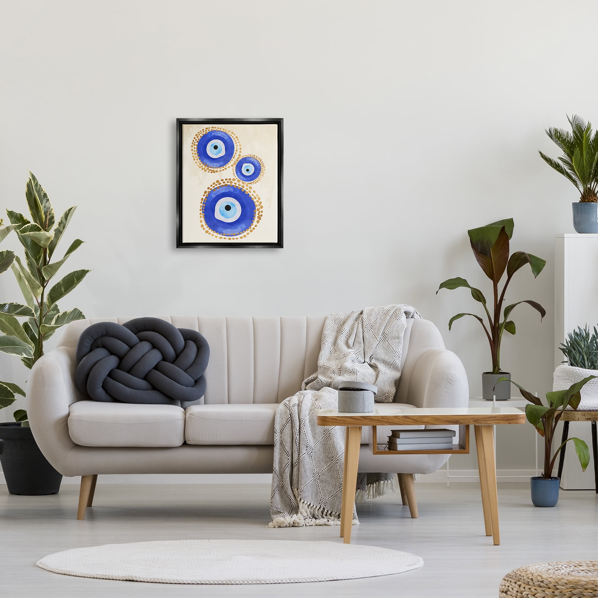 Stupell Industries Round Blue Evil Eye Pattern Lustrous Dotted Detail Painting Jet Black Floating Framed Canvas Print Wall Art, Design by Two Smart Blondes