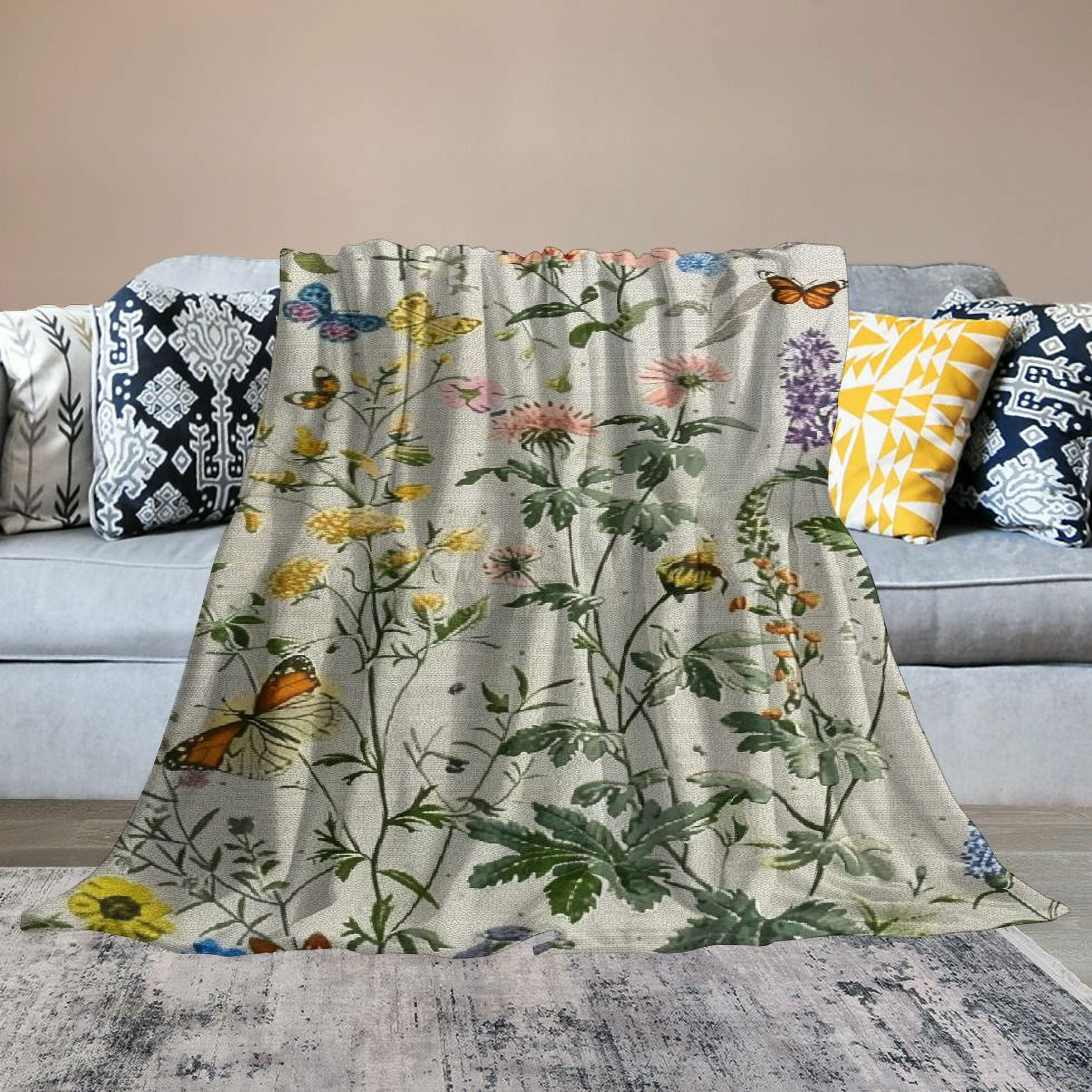 PRATYUS  Spring Throw Blanket Wildflowers Butterfly Blanket Green Wild Flower Plant Blankets Vintage Herbs Blanket Colorful Wild Flowers Printed Flannel Blanket for Bed Sofa Chair 50x60in