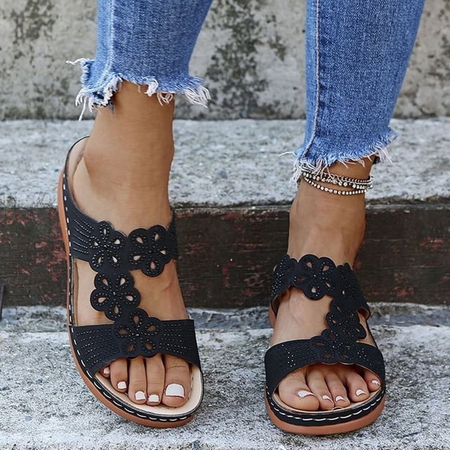 Dvkptbk Womens Flat Sandals Open Toe Slides Adjustable Slip On Slippers for Summer for Beach, Home, Indoor Outdoor Use ummer