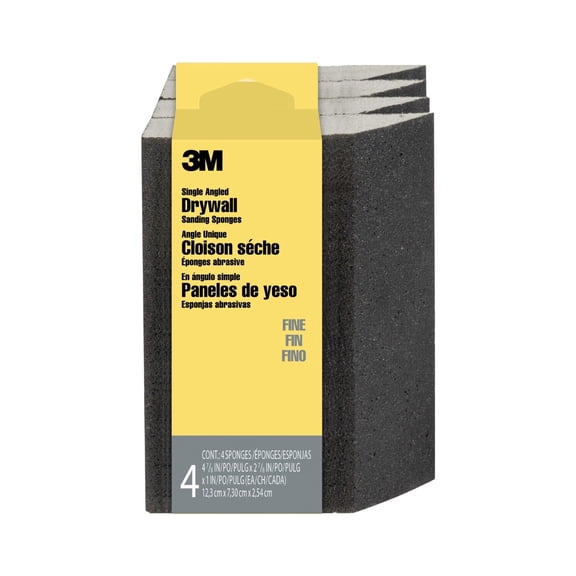 3M Sanding Sponge, Fine Grit, Single Angle, Reusable, 4 7/8 in. x 2 7/8 in. x 1 in., 4 Pack