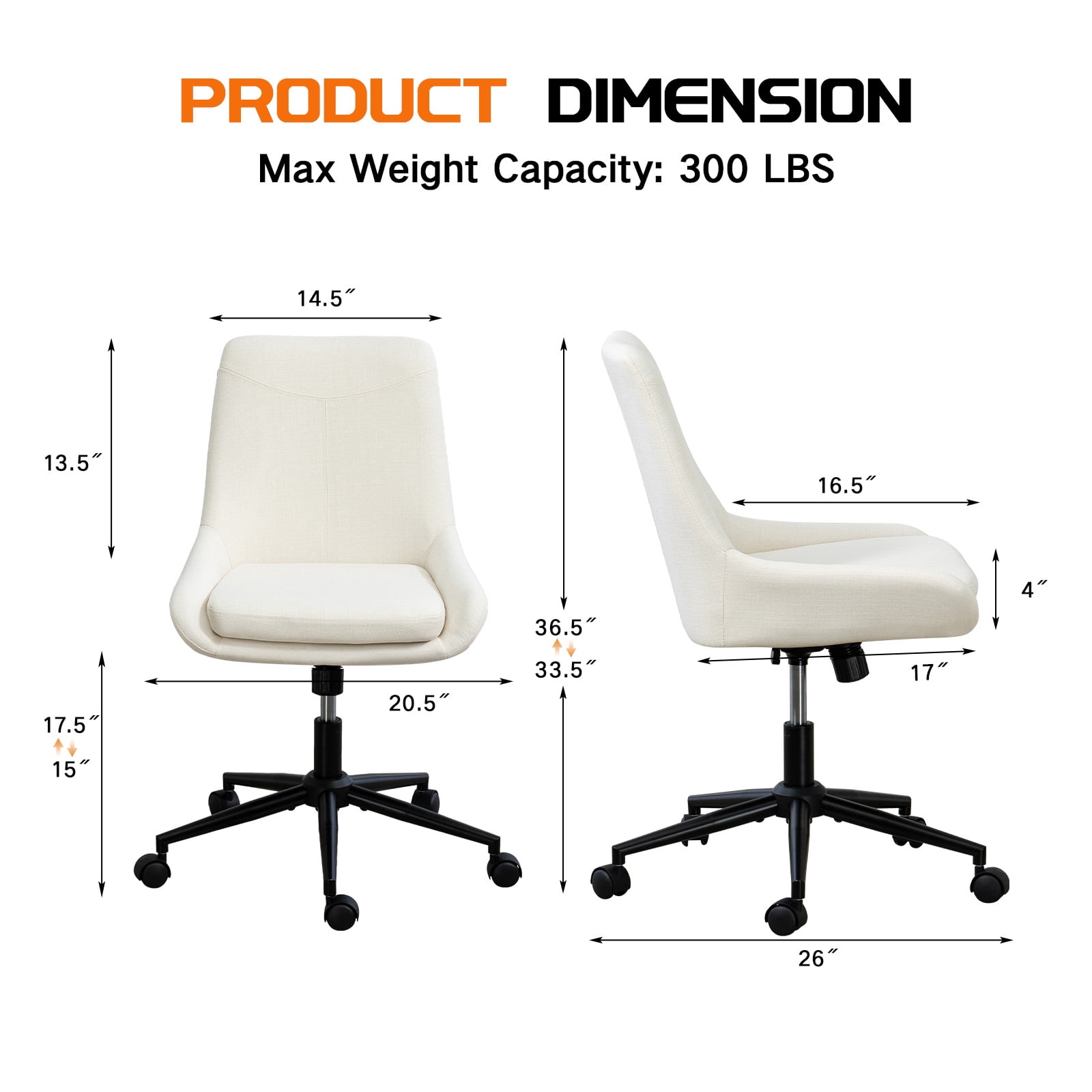 Armless Desk Chair with Wheels, Adjustable Swivel Fabric Makeup Chair, Comfortable Home Office Task Computer Chair, Beige