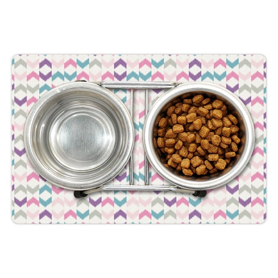 Geometric Pet Mat for Food and Water, Oriental Chevron and Ikat Motif with Eastern Influences Boho Art Print, Non-Slip Rubber Mat for Dogs and Cats, 18" X 12", by Ambesonne