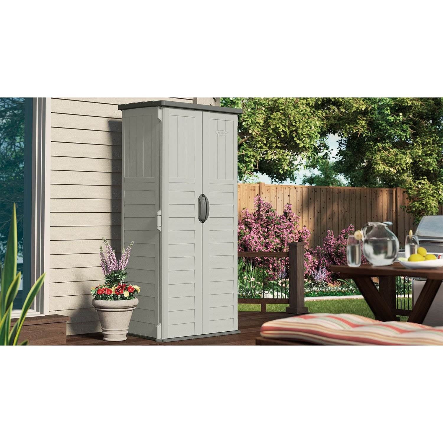 Suncast 22 cu. ft. Weather-Resistant Resin Vertical Outdoor Storage Shed, Light Taupe
