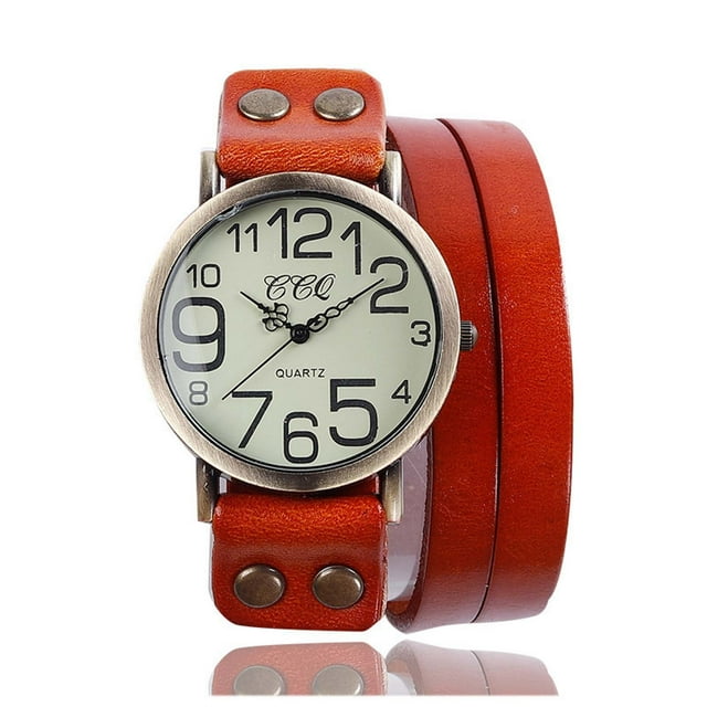 Reloj vintage de brazalete de cuero de vaca para hombres y mujeres - Reloj de pulsera analógico redondo de cuarzo, caráter de 3,9 cm, correa de 35 cm, reloj de vestir de moda