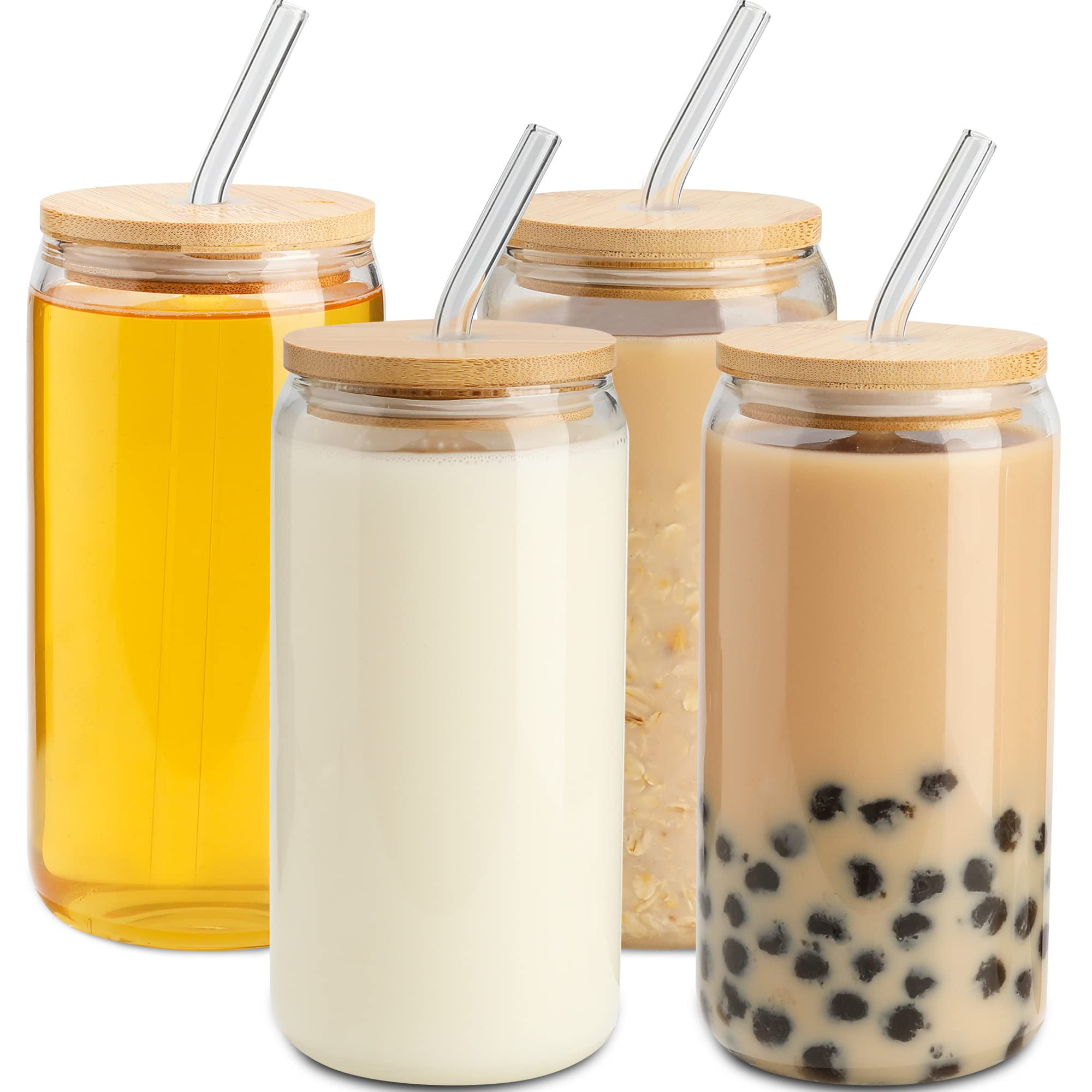 Drinking Glass with Bamboo Lids and Glass Straws 4 Packs,16 oz Can
