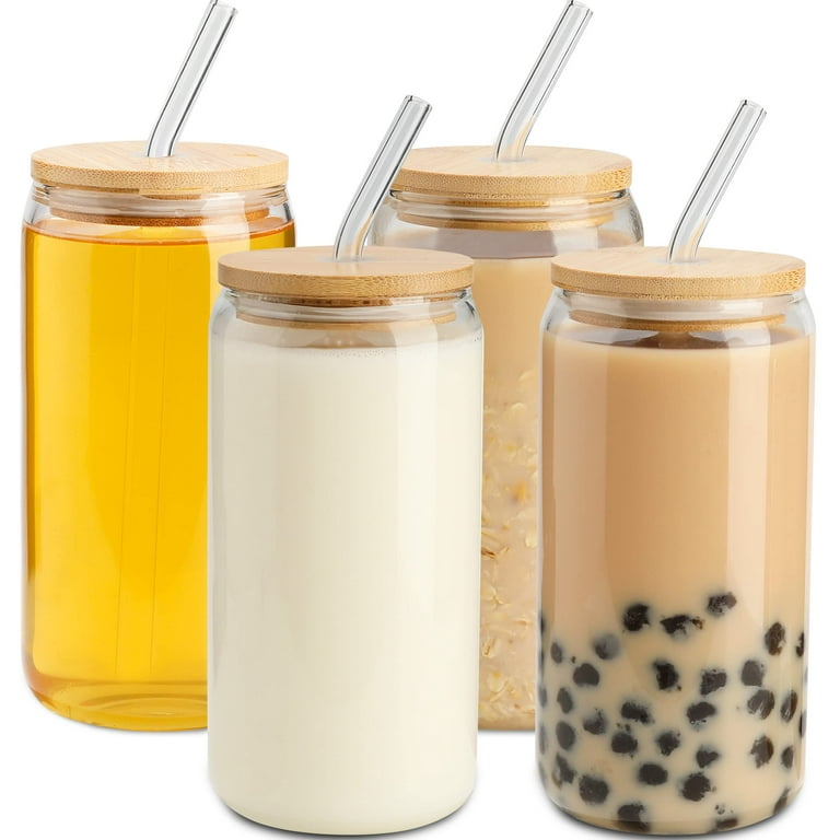 Drinking Glass with Bamboo Lids and Glass Straws 4 Packs,16 oz Can
