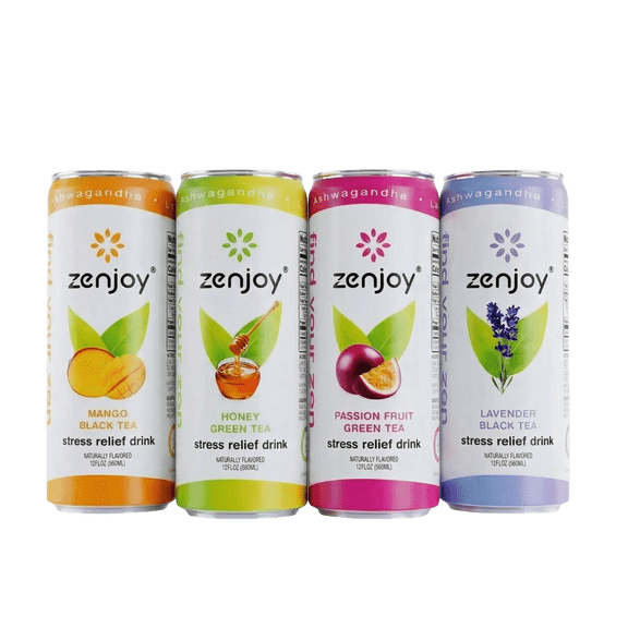 Zenjoy Stress Reief Drink, Calming Black and Green Tea, Non Alcoholic, Ashwagandha & Lemon Balm for Stress Relief, L - Theanine for Focus (12 Pack) (Variety)