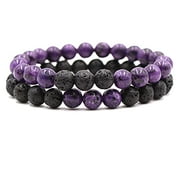 2Pcs Matte Lava Rock Volcanic Stone Beads Stretch Bracelet Stacking Essential Oil Diffuser Tiger Eye Seed Bracelet for Men Women Girl Boy Couple Stress Relief Healing Aromatherapy Jewelry-B purple