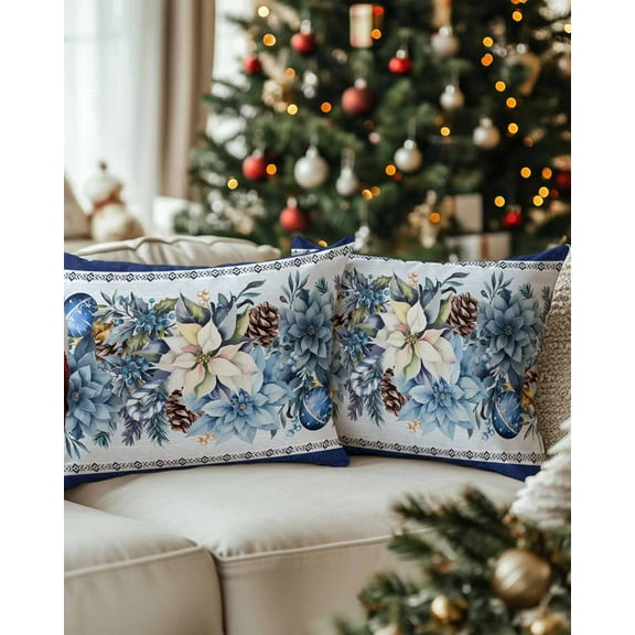Christmas Decorative Throw Pillow Covers 12x20 Inch Set of 2 Blue Poinsettia Pillow Cases for Couch, Christmas Balls Berry Cushion Case for Living Room Bedroom Bed Car Chair