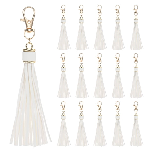 Uxcell 18-Pack Borlas de Cuero PU de 5.9 Pulgadas Pequeñas para Llaveros Blancas con Anillos para Manualidades de Bricolaje