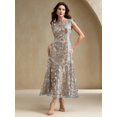 thumbnail image 5 of Elegant Silver Floral Mesh Sequin Short Sleeve Midi Dress For Formal, 5 of 7