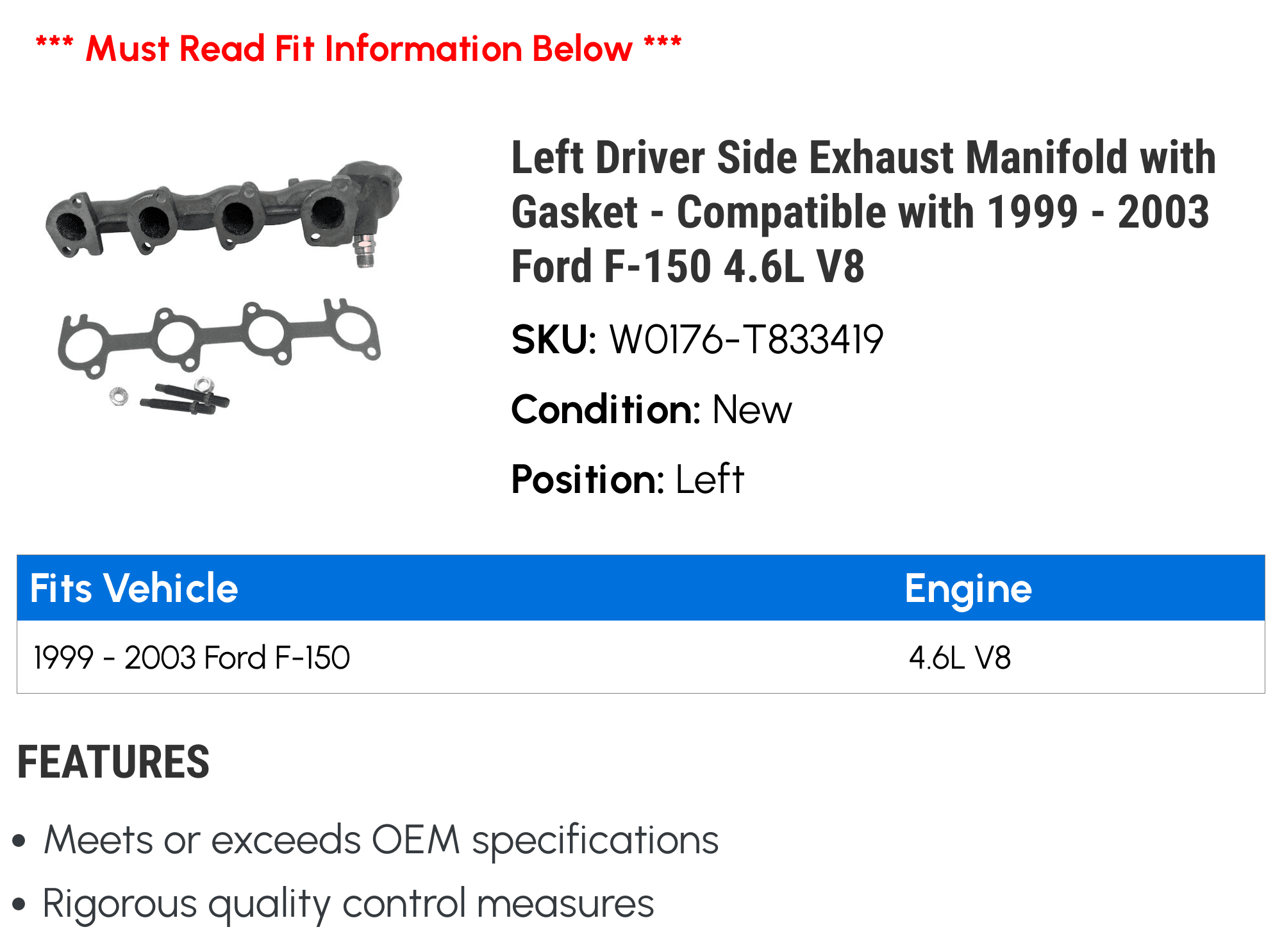 Left Driver Side Exhaust Manifold with Gasket - Compatible with 1999 - 2003 Ford F-150 4.6L V8 2000 2001 2002