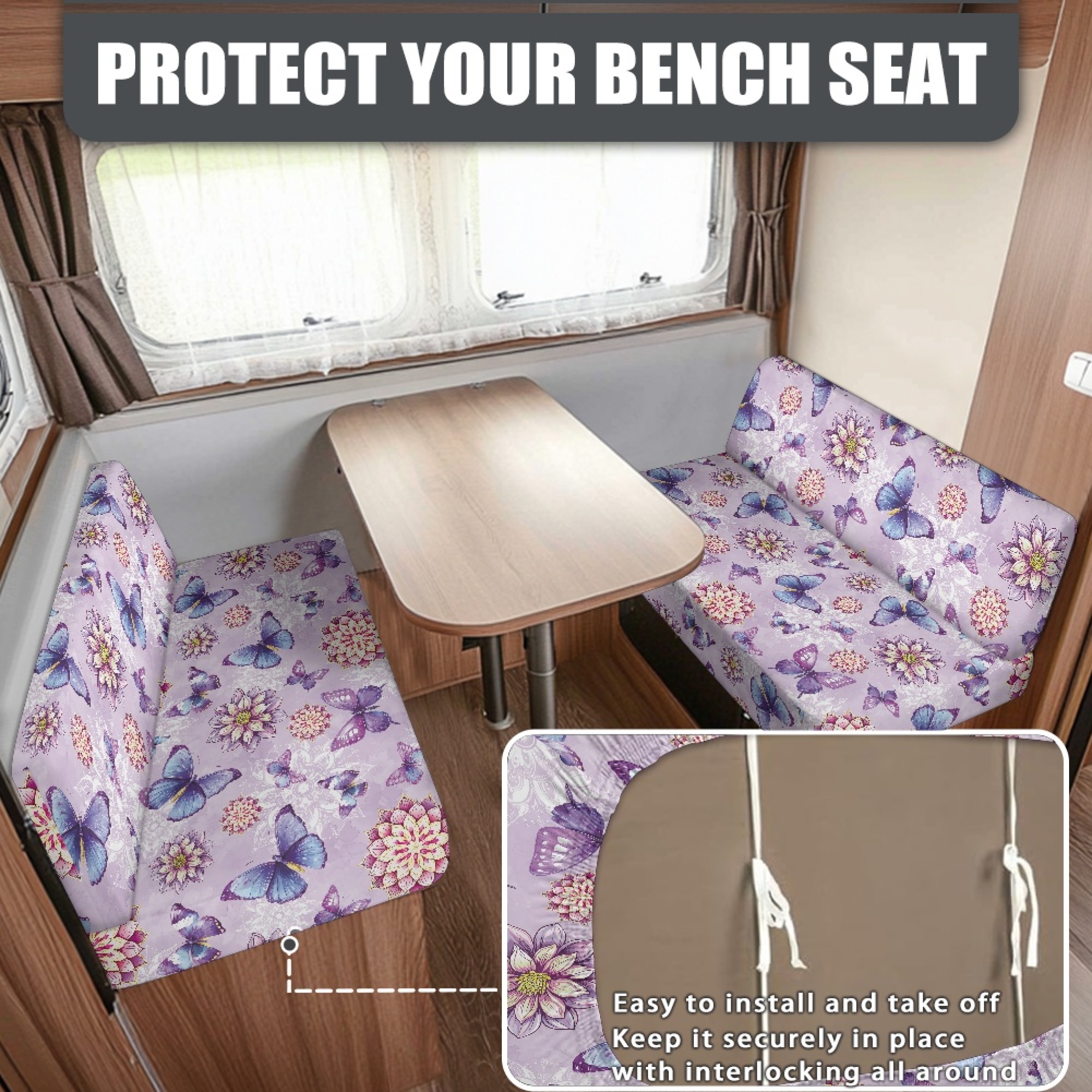 FOR U DESIGNS Boho Mandala Butterfly Purple Pattern 2 Pcs RV Dinette Cushion Covers Anti-Slip Camper Cushion Slipcover Stretch 2 Seat Sofa Chair Cover 1 Backrest Covers and 1 Bench Covers