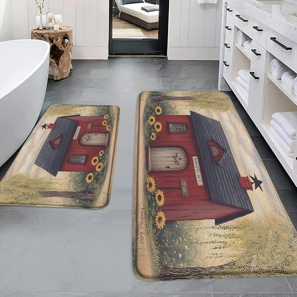 2 Piece Outhouse Bath Mat Rustic Farmhouse Cabin Sunflower Yellow Flower Texas Farm Red Barn Backyard Natural Vintage Plants Landscape Bathroom Rug Memory Foam Home Decor Rug 17.7X29.5+16X47 Inch